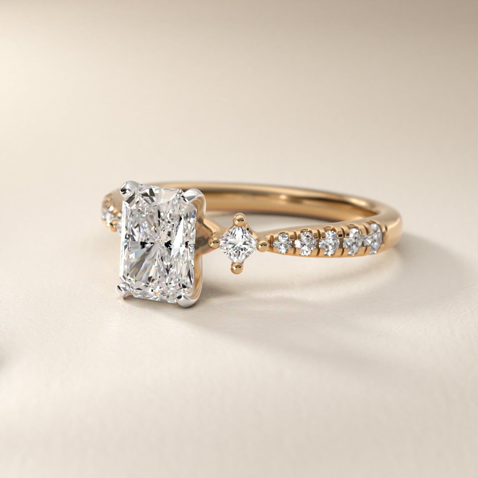East-West Sidestone and Pav? Diamond Engagement Ring in 18k Yellow Gold (1/4 ct. tw.) - Radiant Center