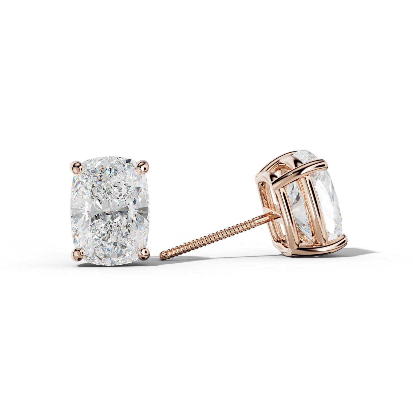 Elongated Cushion Diamond Stud Earrings With Classic Four  Prongs - 1/2 - 18K Rose Gold