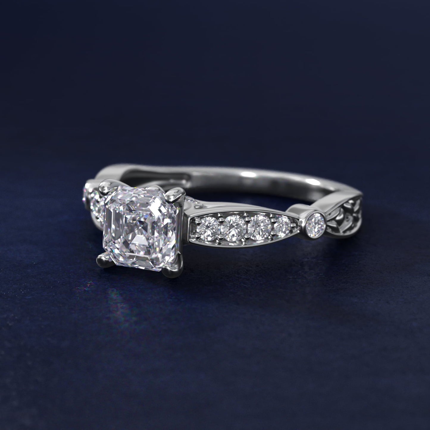 Embossed Vintage-Style Engagement Ring In 18k White Gold By James Allen - Asscher Center