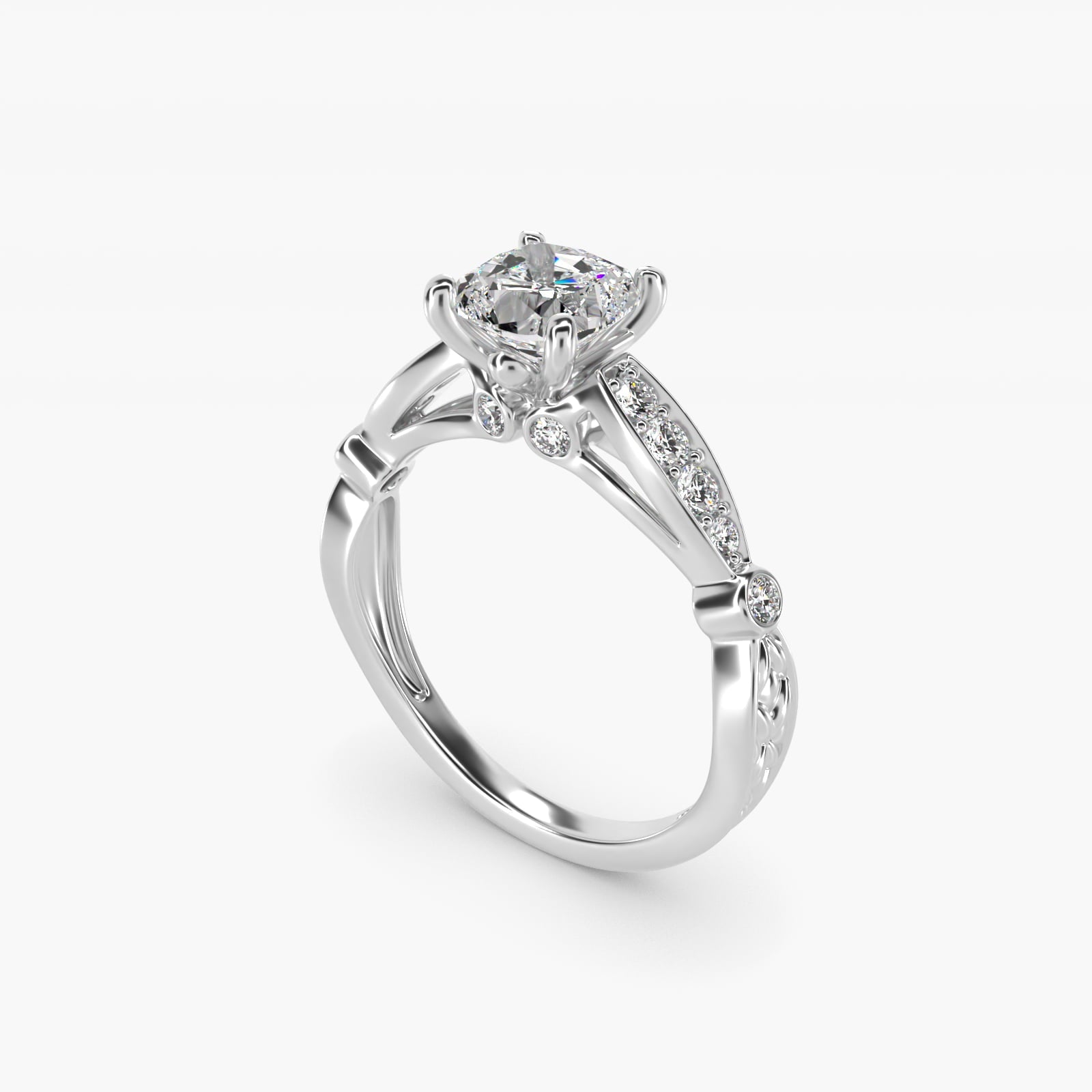 Embossed Vintage-Style Engagement Ring In 18k White Gold By James Allen - Cushion Center