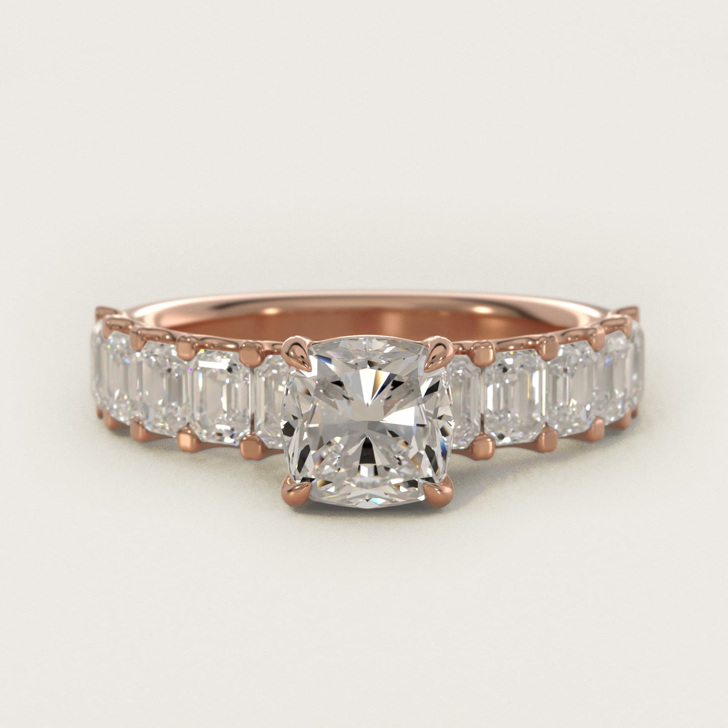 Emerald-Cut Diamond Engagement Ring in 18k Rose Gold - Cushion Center