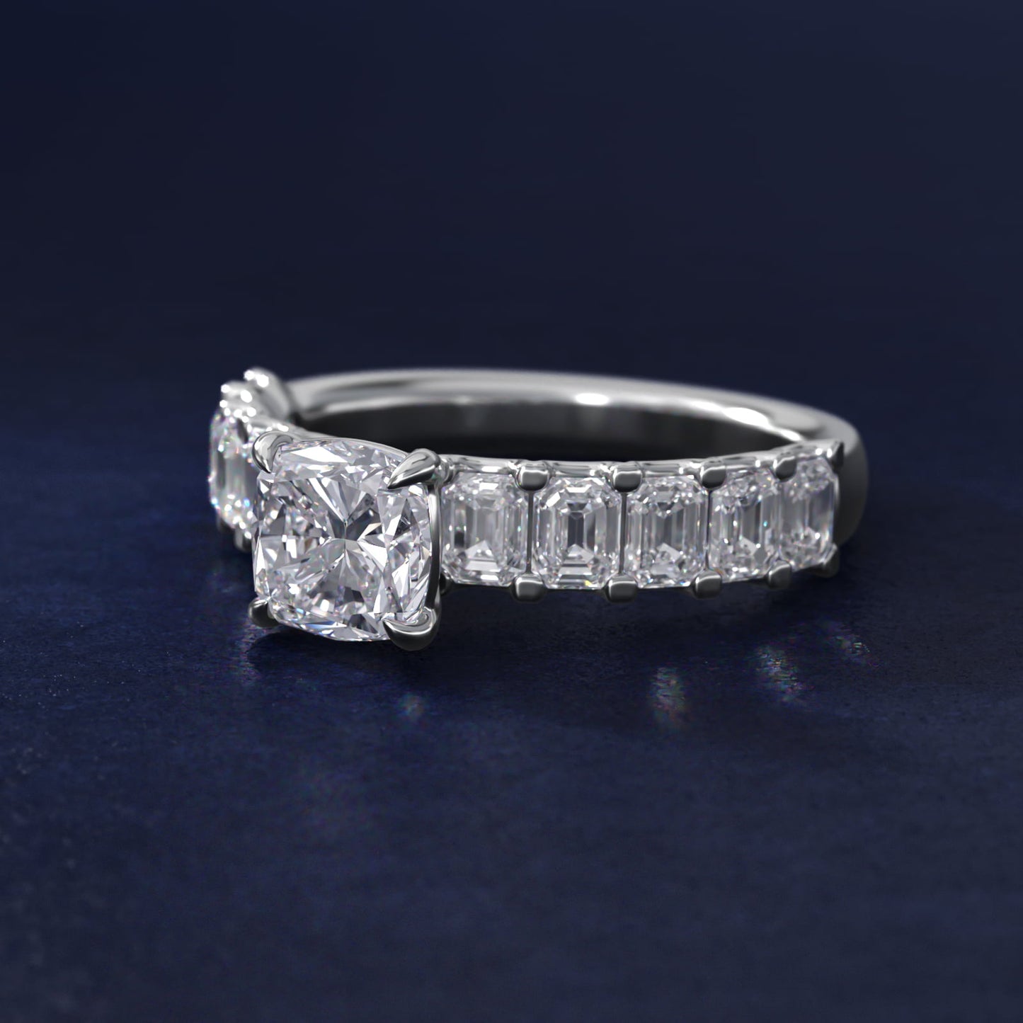 Emerald-Cut Diamond Engagement Ring in 18k White Gold - Cushion Center