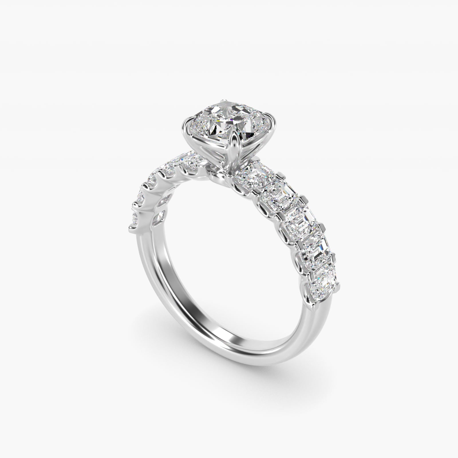 Emerald-Cut Diamond Engagement Ring in Platinum - Cushion Center