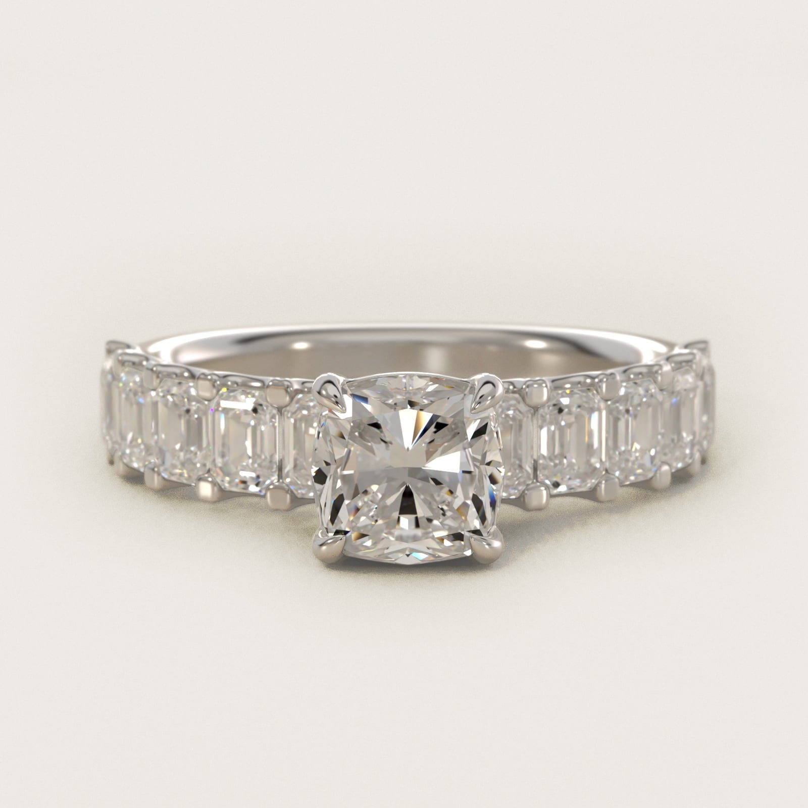 Emerald-Cut Diamond Engagement Ring in Platinum - Cushion Center