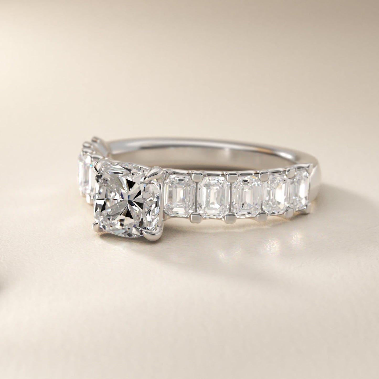 Emerald-Cut Diamond Engagement Ring in Platinum - Cushion Center