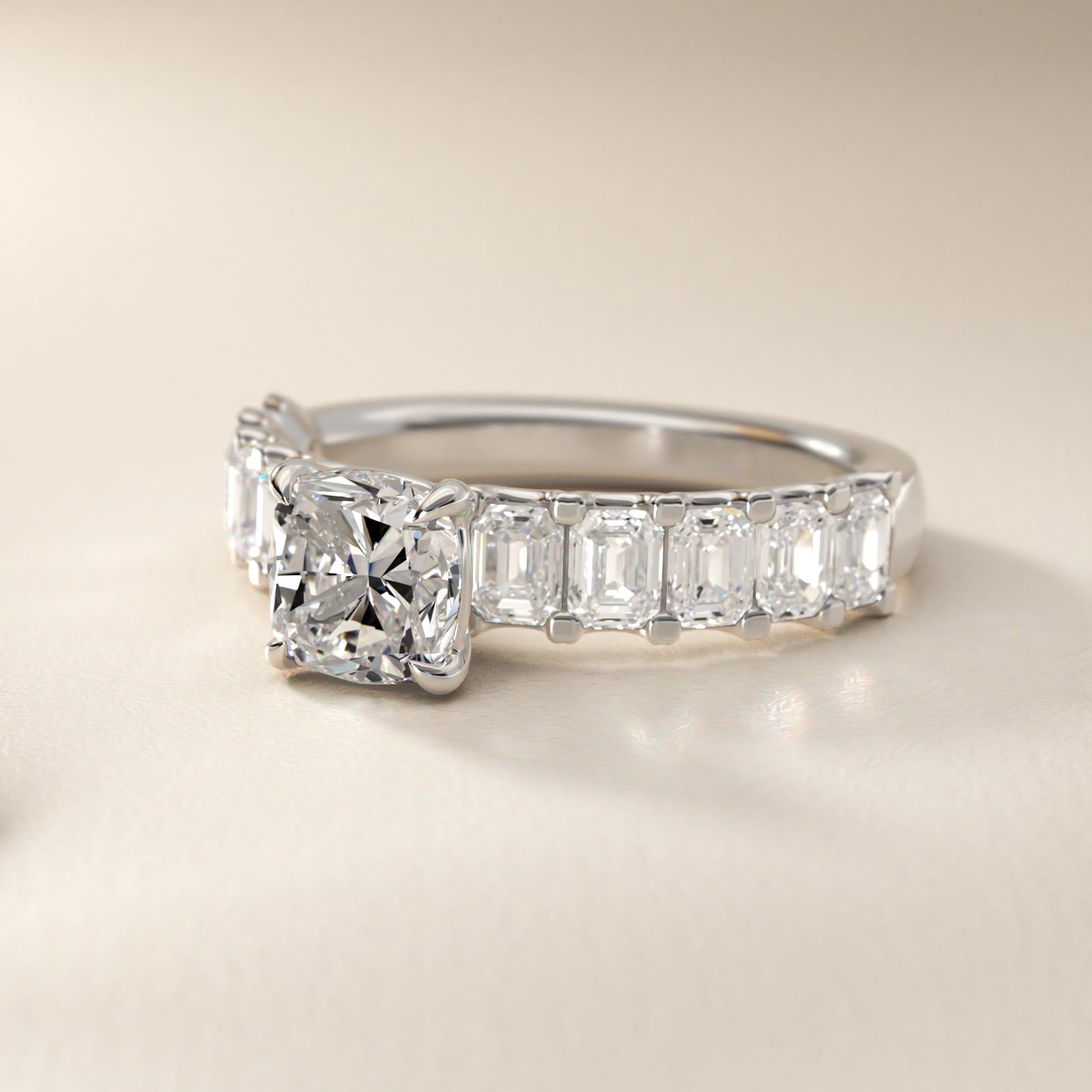 Emerald-Cut Diamond Engagement Ring in Platinum - Cushion Center