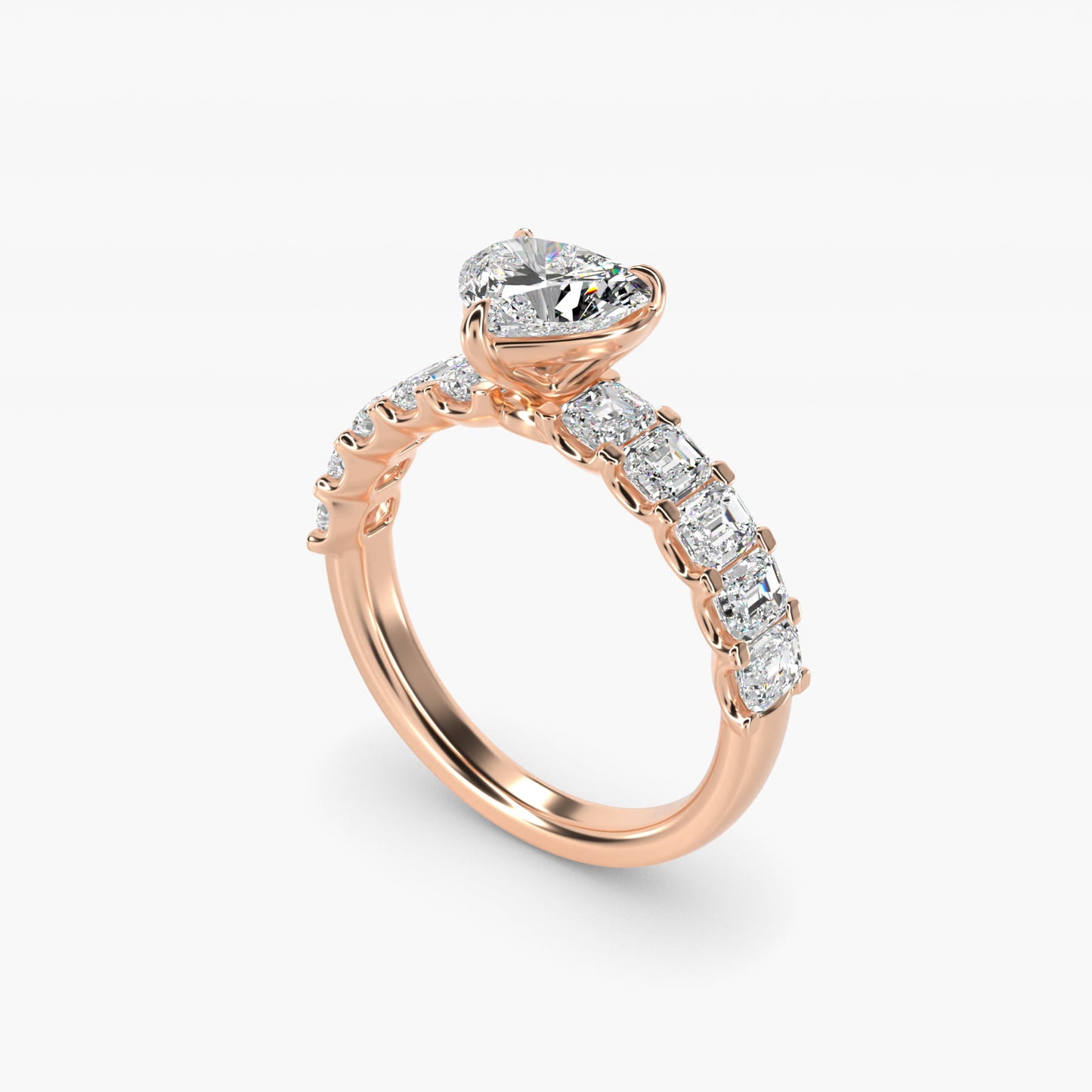 Emerald-Cut Diamond Engagement Ring in 18k Rose Gold - Heart Center