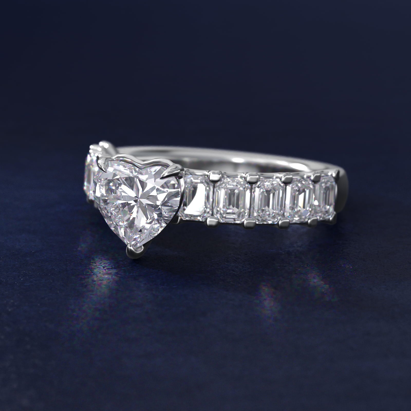 Emerald-Cut Diamond Engagement Ring in 18k White Gold - Heart Center