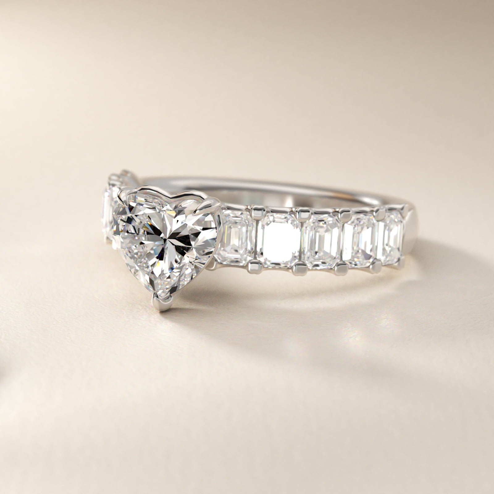 Emerald-Cut Diamond Engagement Ring in Platinum - Heart Center