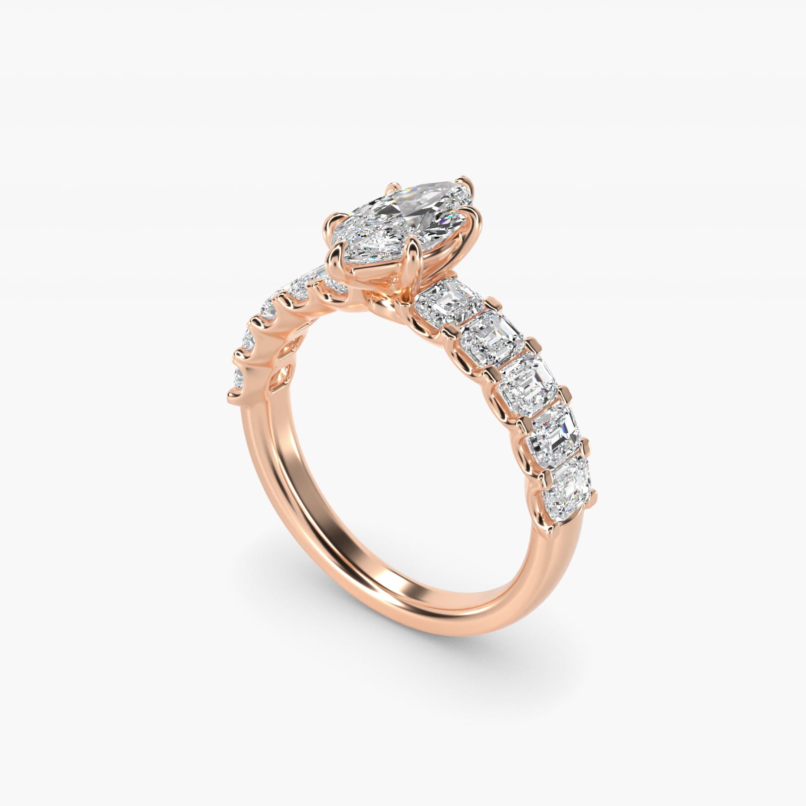 Emerald-Cut Diamond Engagement Ring in 18k Rose Gold - Marquise Center