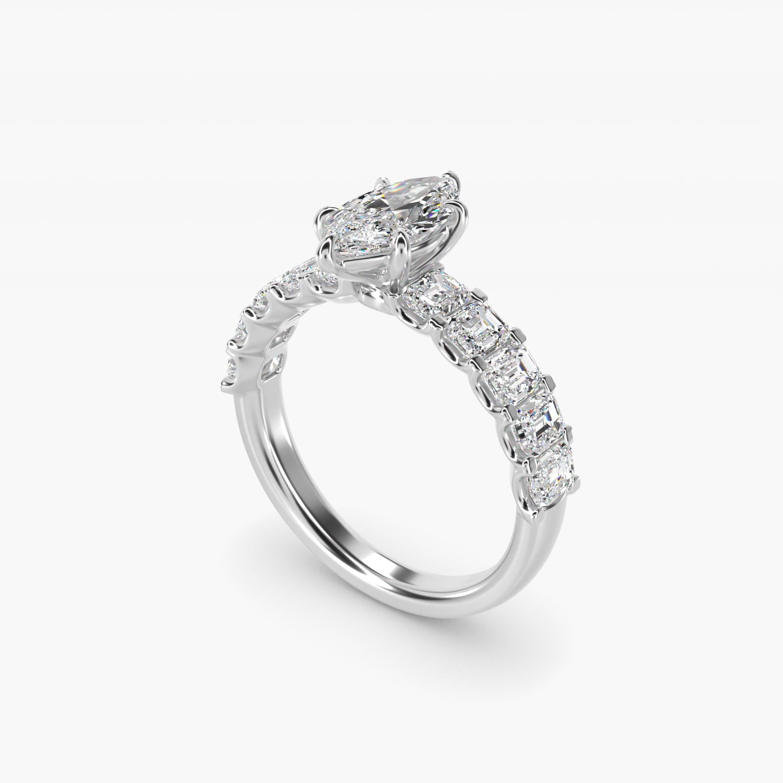 Emerald-Cut Diamond Engagement Ring in 18k White Gold - Marquise Center