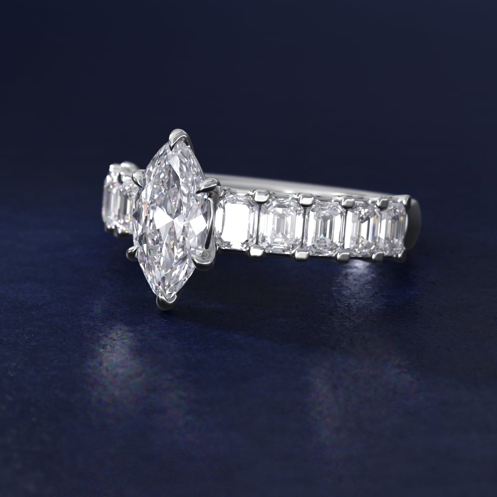 Emerald-Cut Diamond Engagement Ring in 18k White Gold - Marquise Center