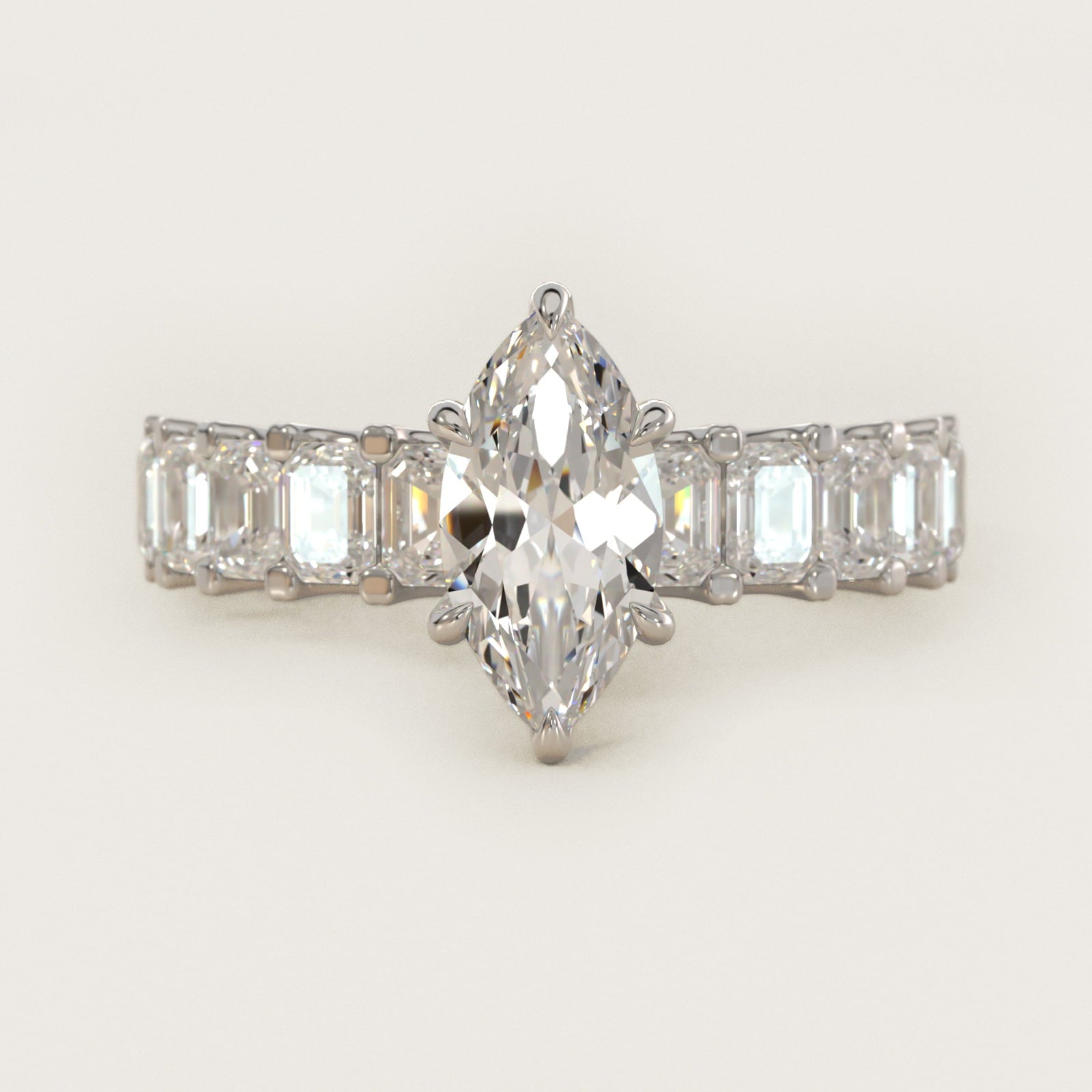 Emerald-Cut Diamond Engagement Ring in 18k White Gold - Marquise Center