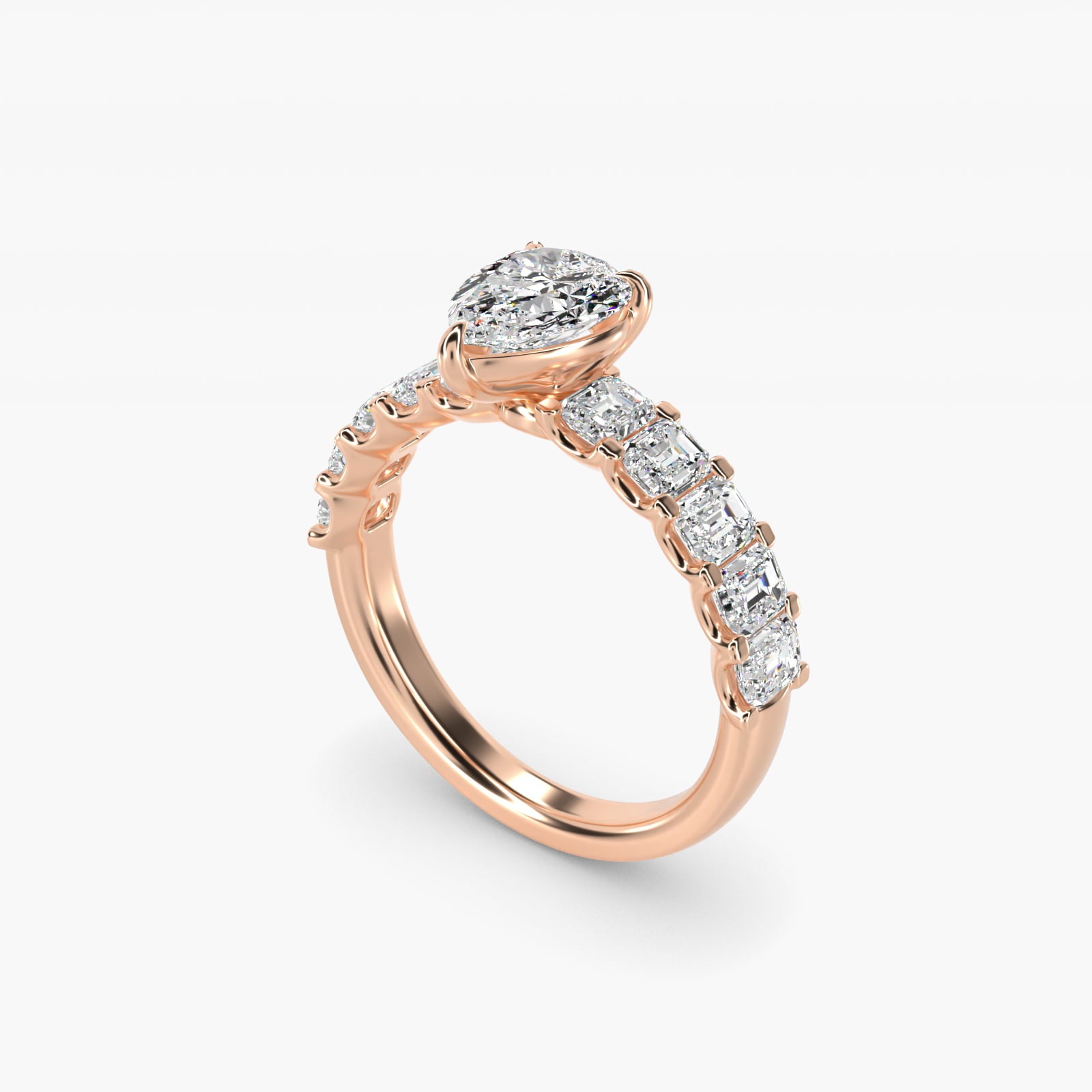 Emerald-Cut Diamond Engagement Ring in 18k Rose Gold - Pear Center