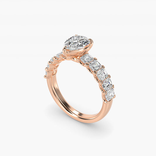 Emerald-Cut Diamond Engagement Ring in 18k Rose Gold - Pear Center