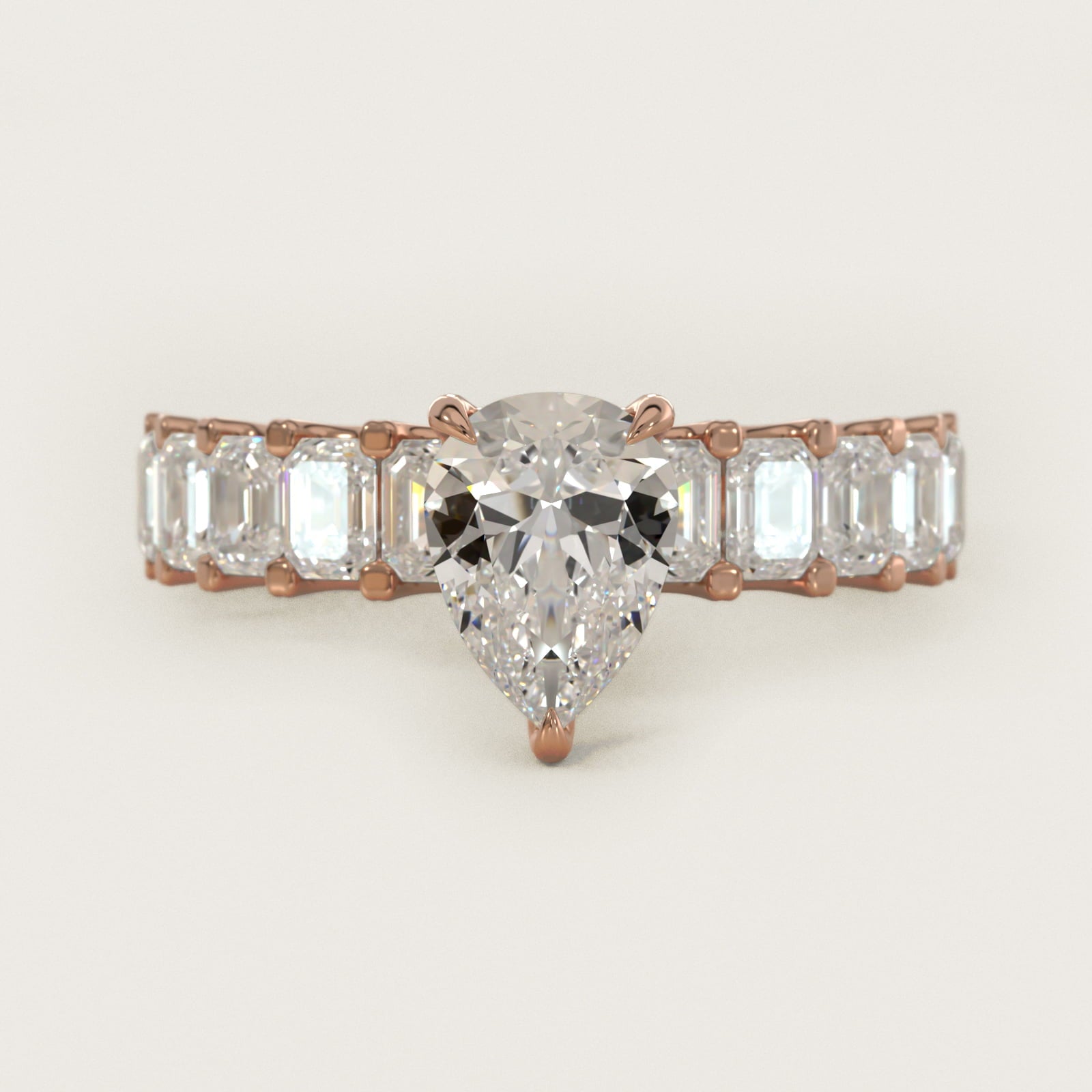 Emerald-Cut Diamond Engagement Ring in 18k Rose Gold - Pear Center