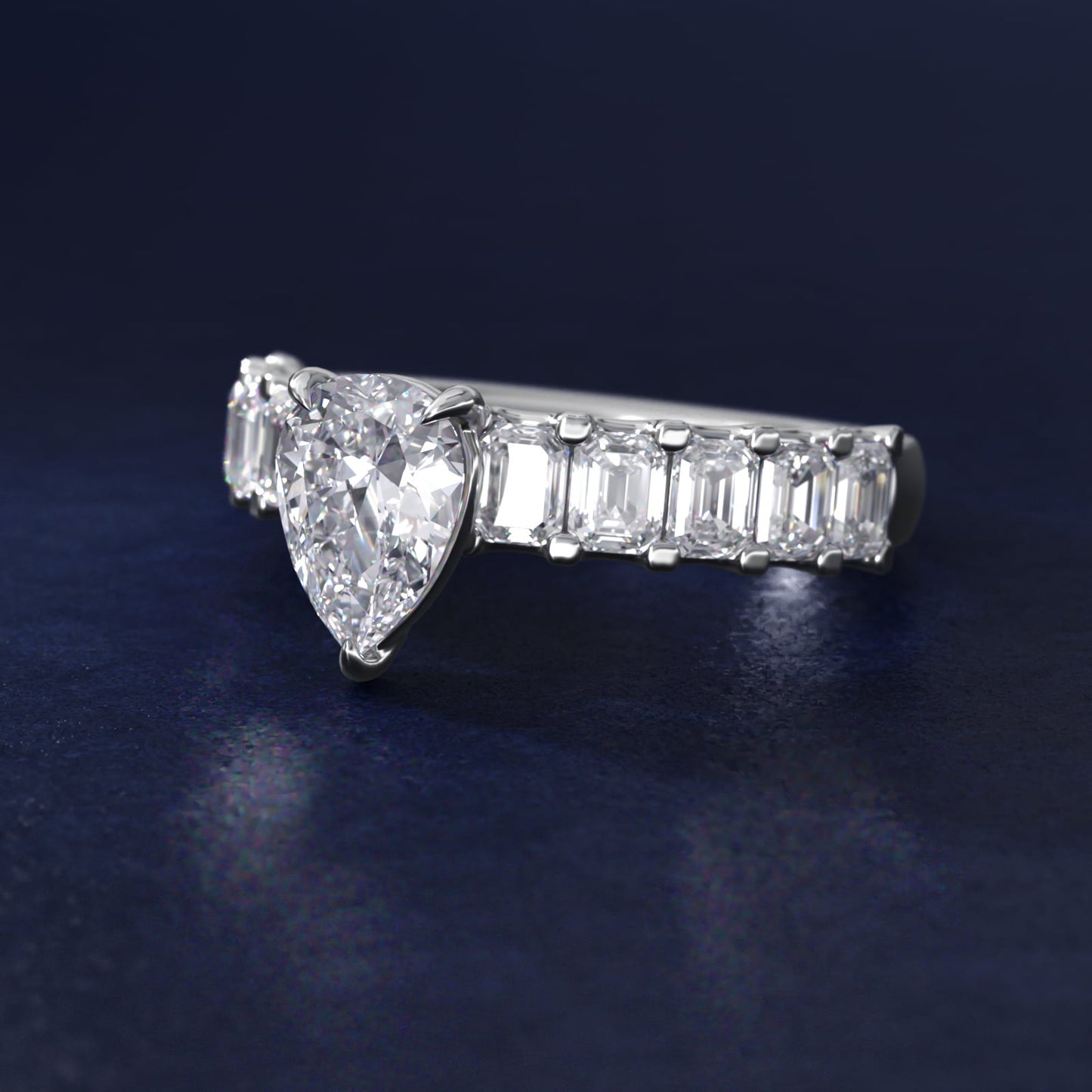 Emerald-Cut Diamond Engagement Ring in 18k White Gold - Pear Center