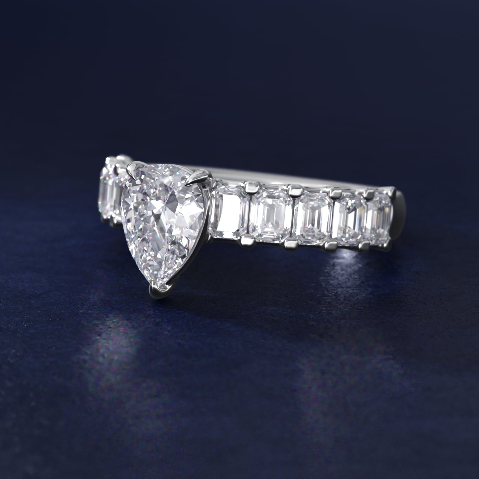 Emerald-Cut Diamond Engagement Ring in 18k White Gold - Pear Center
