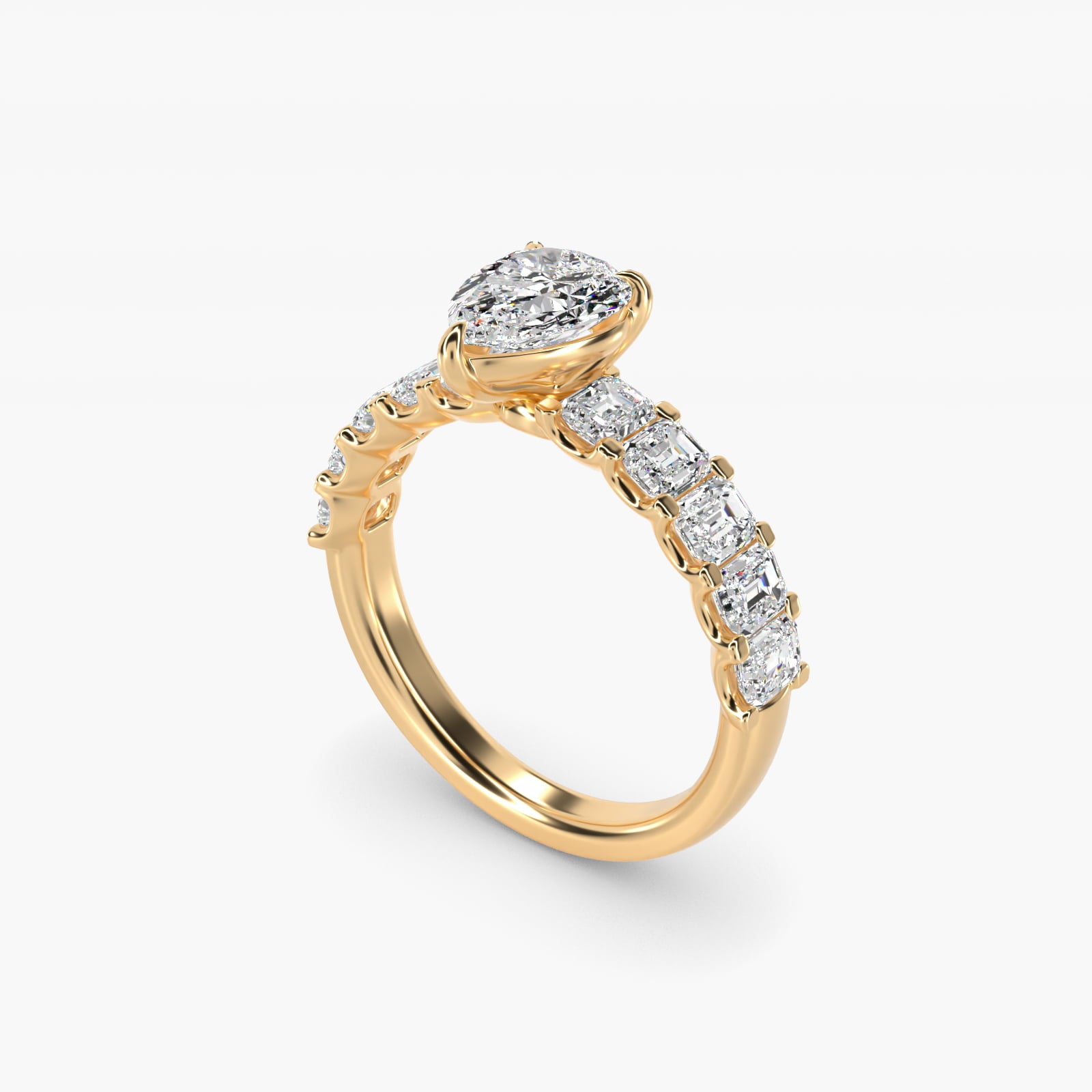 Emerald-Cut Diamond Engagement Ring in 18k Yellow Gold - Pear Center