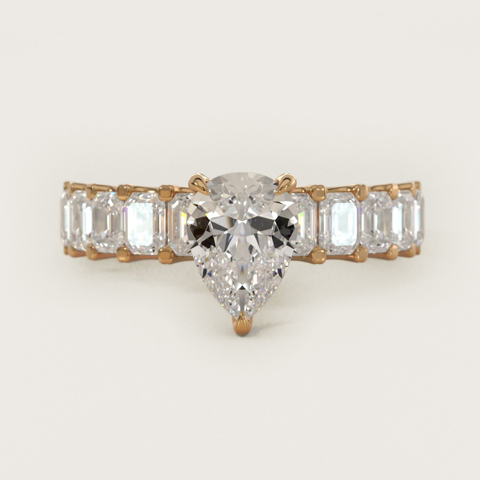 Emerald-Cut Diamond Engagement Ring in 18k Yellow Gold - Pear Center