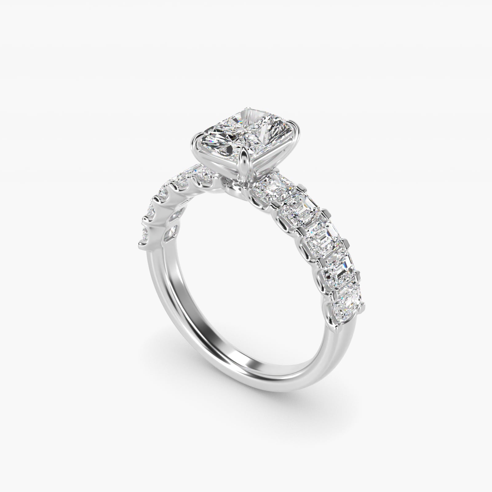 Emerald-Cut Diamond Engagement Ring in 18k White Gold - Radiant Center