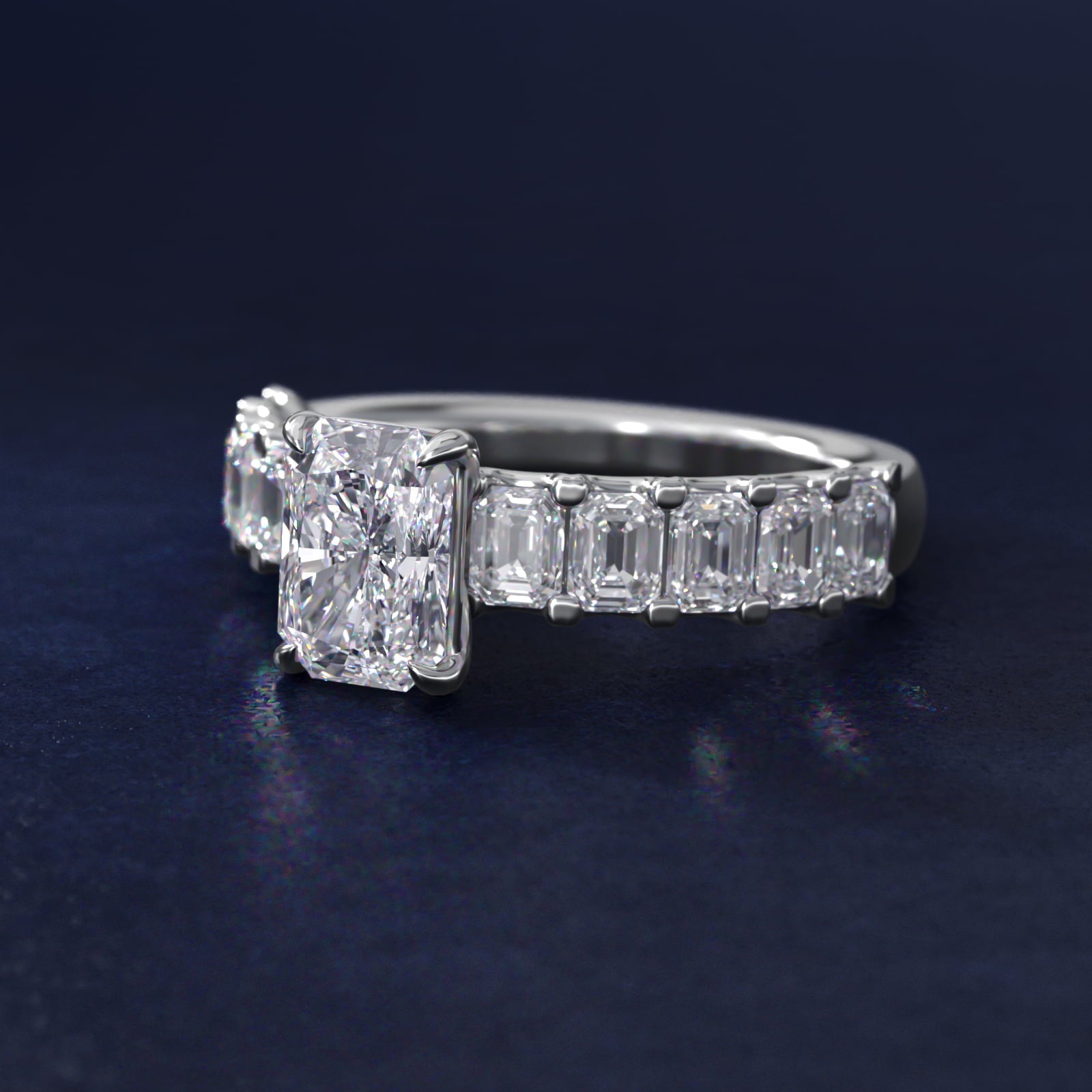 Emerald-Cut Diamond Engagement Ring in 18k White Gold - Radiant Center