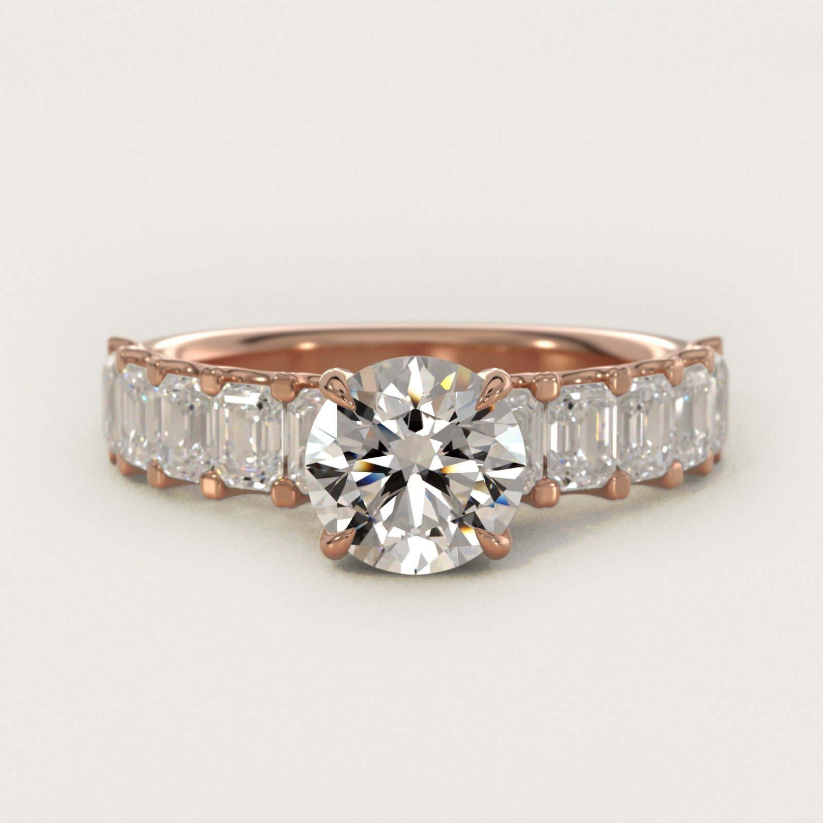 Emerald-Cut Diamond Engagement Ring in 14k Rose Gold - Round Center