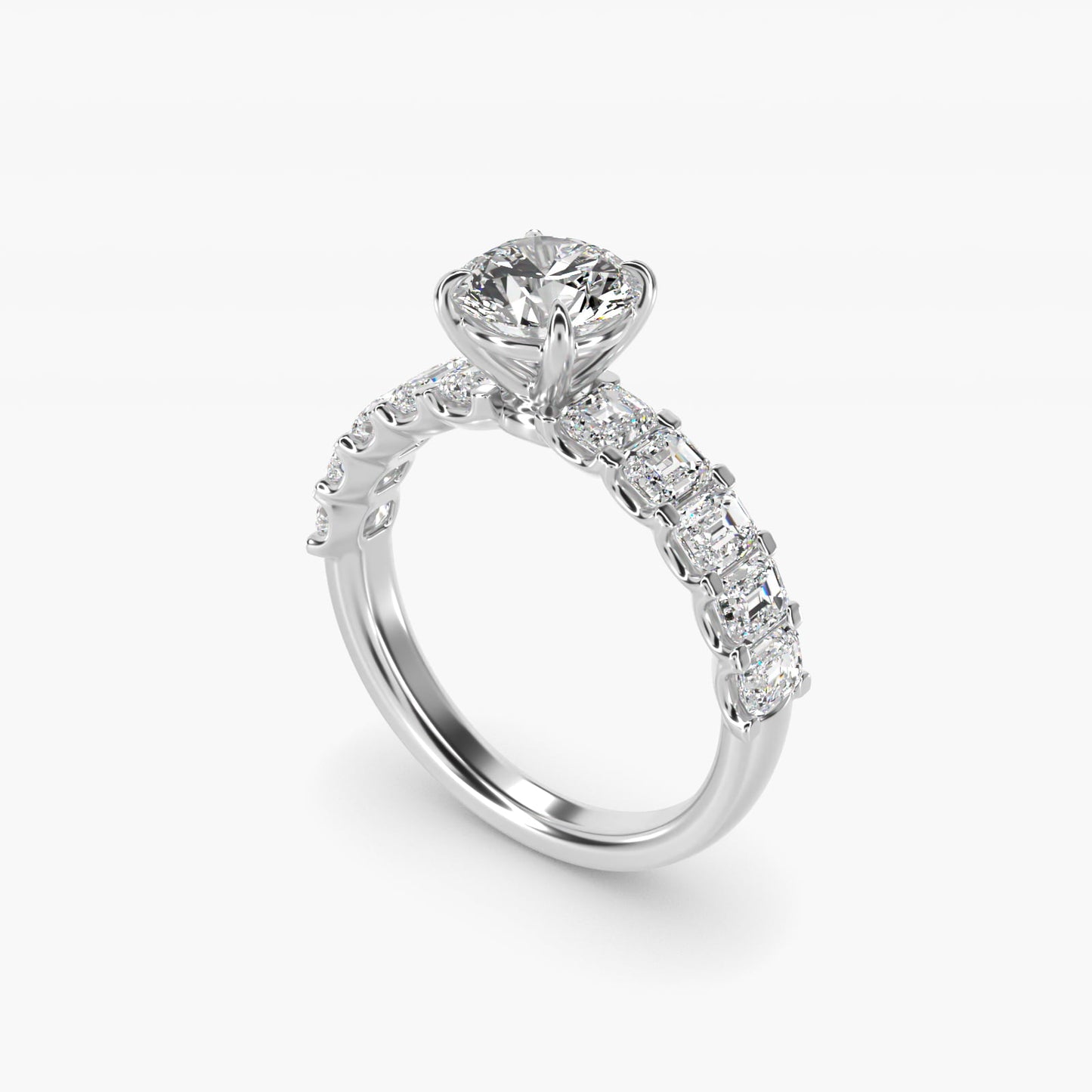 Emerald-Cut Diamond Engagement Ring in 18k White Gold - Round Center