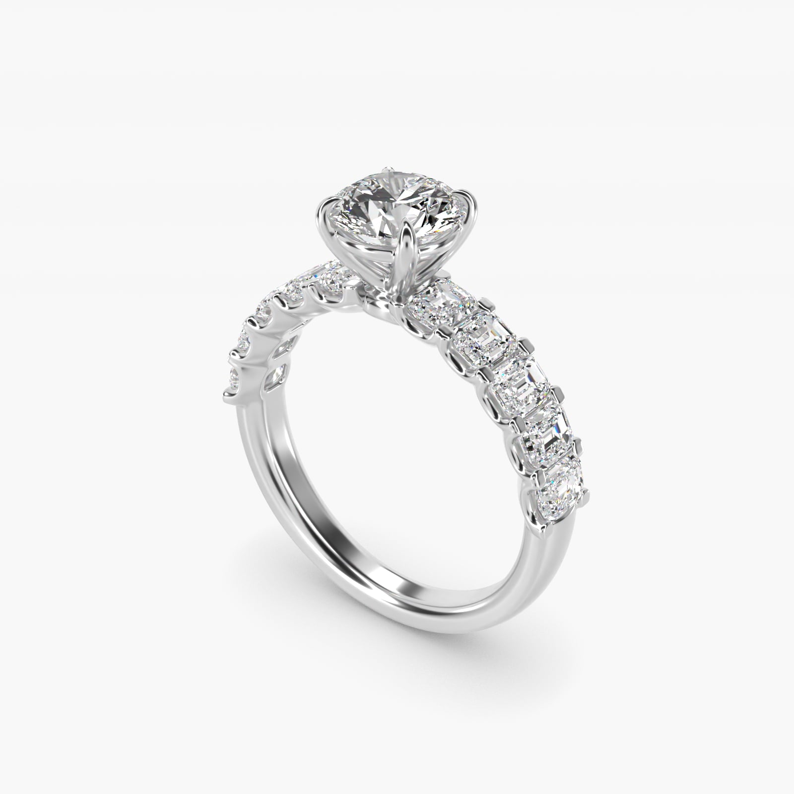 Emerald-Cut Diamond Engagement Ring in 18k White Gold - Round Center