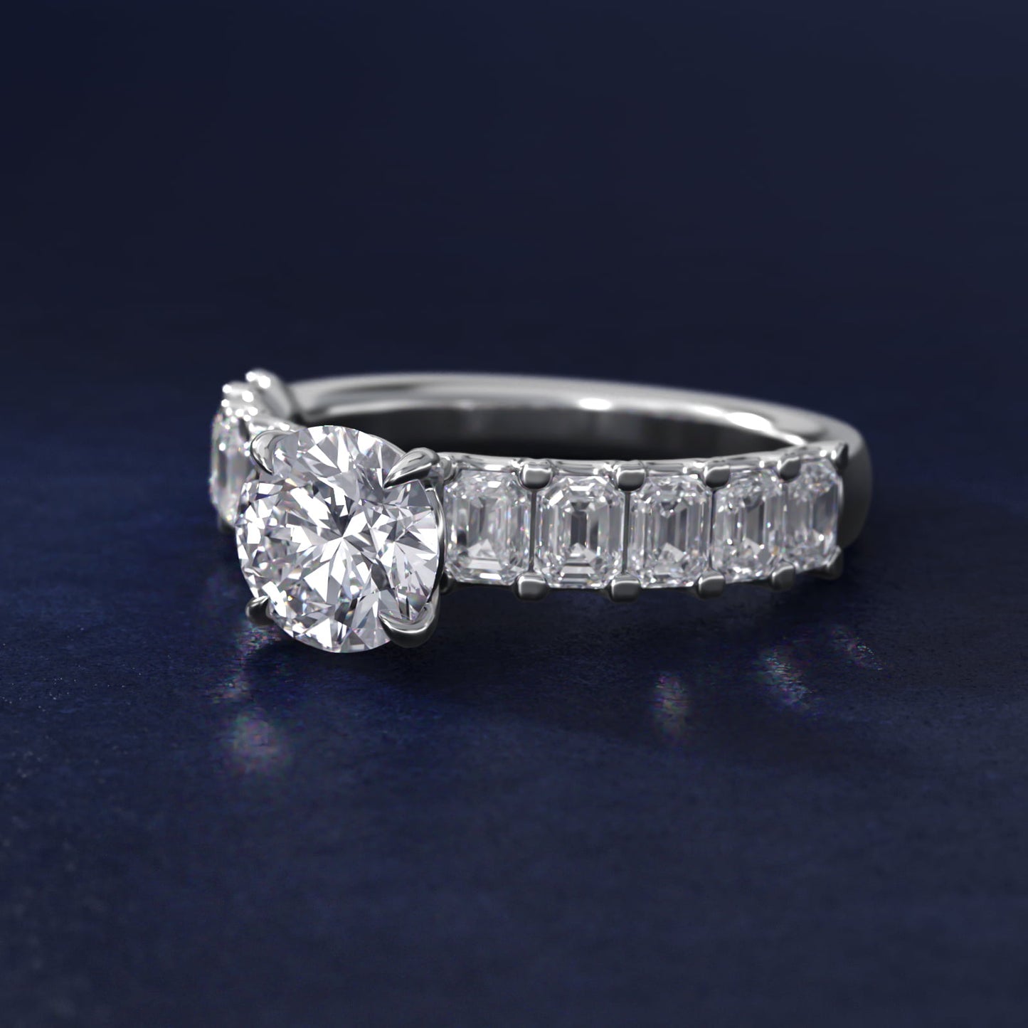 Emerald-Cut Diamond Engagement Ring in 18k White Gold - Round Center