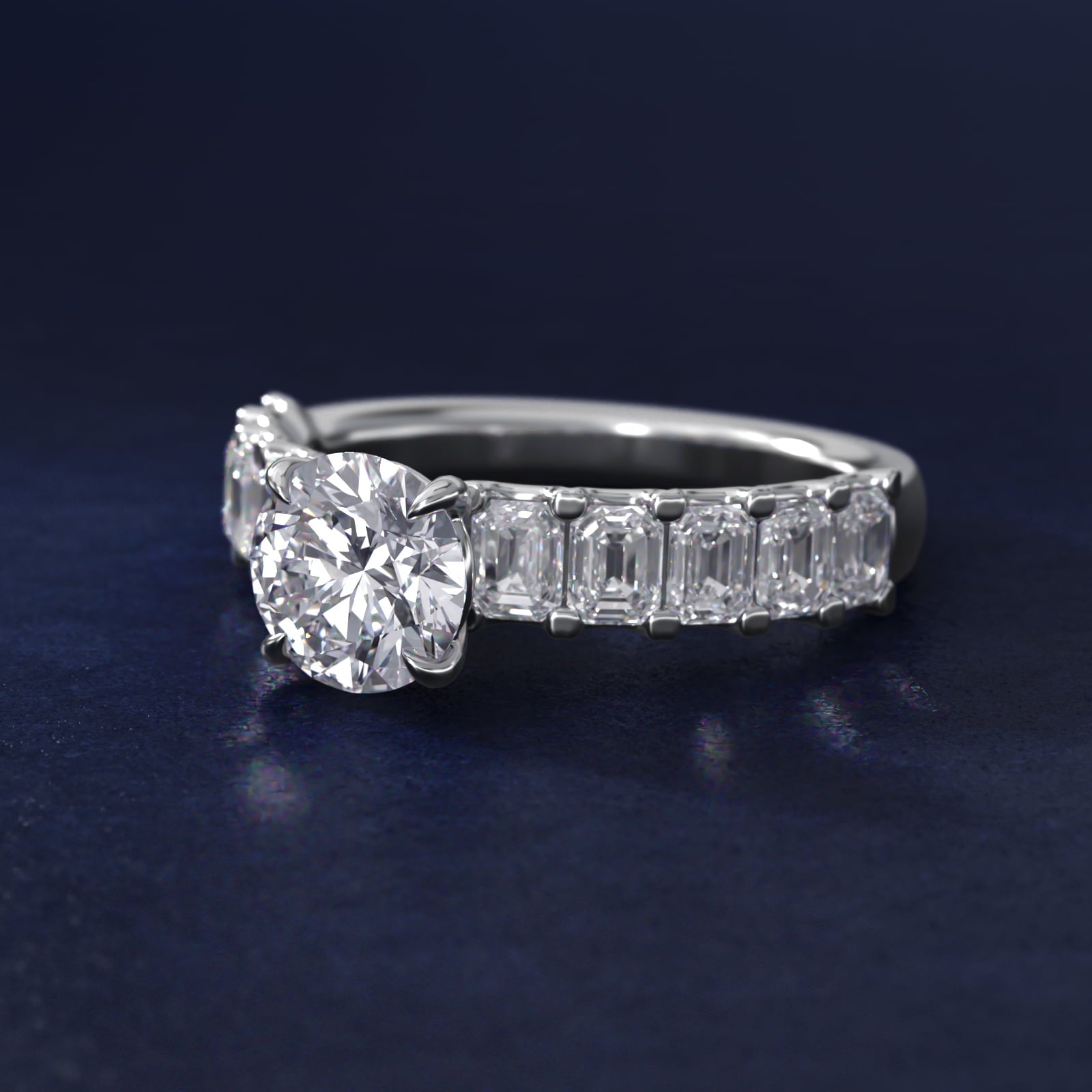 Emerald-Cut Diamond Engagement Ring in 18k White Gold - Round Center