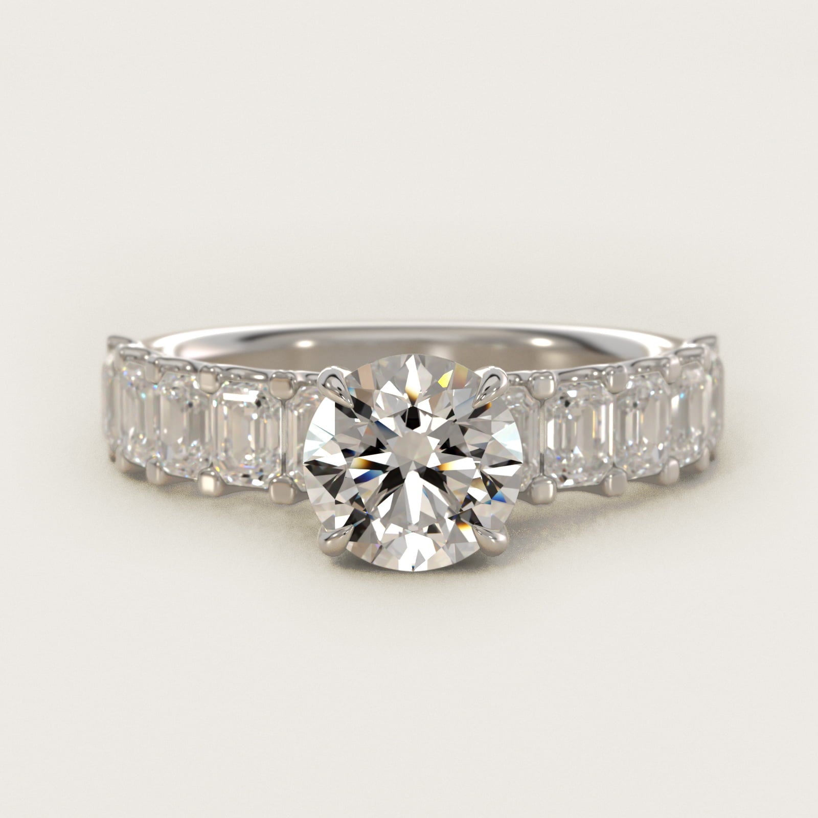 Emerald-Cut Diamond Engagement Ring in 18k White Gold - Round Center