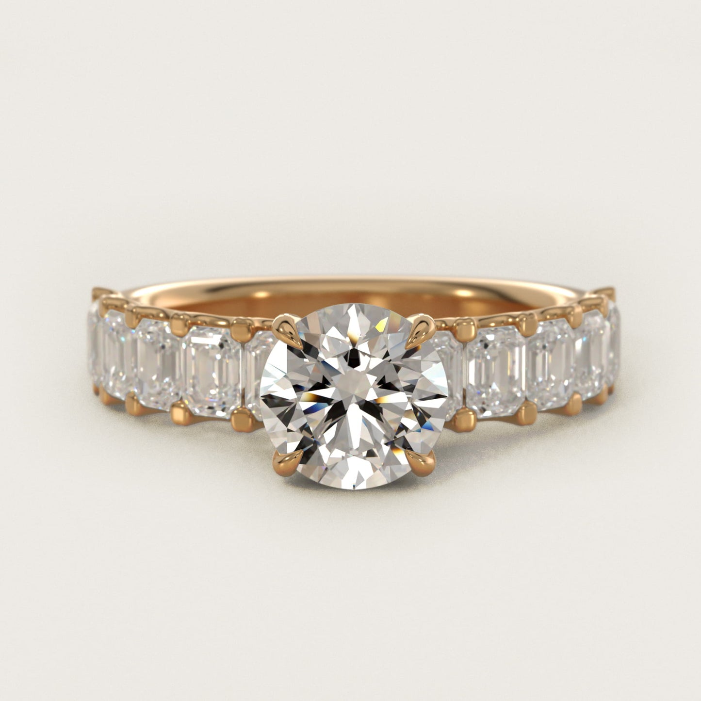 Emerald-Cut Diamond Engagement Ring in 18k Yellow Gold - Round Center