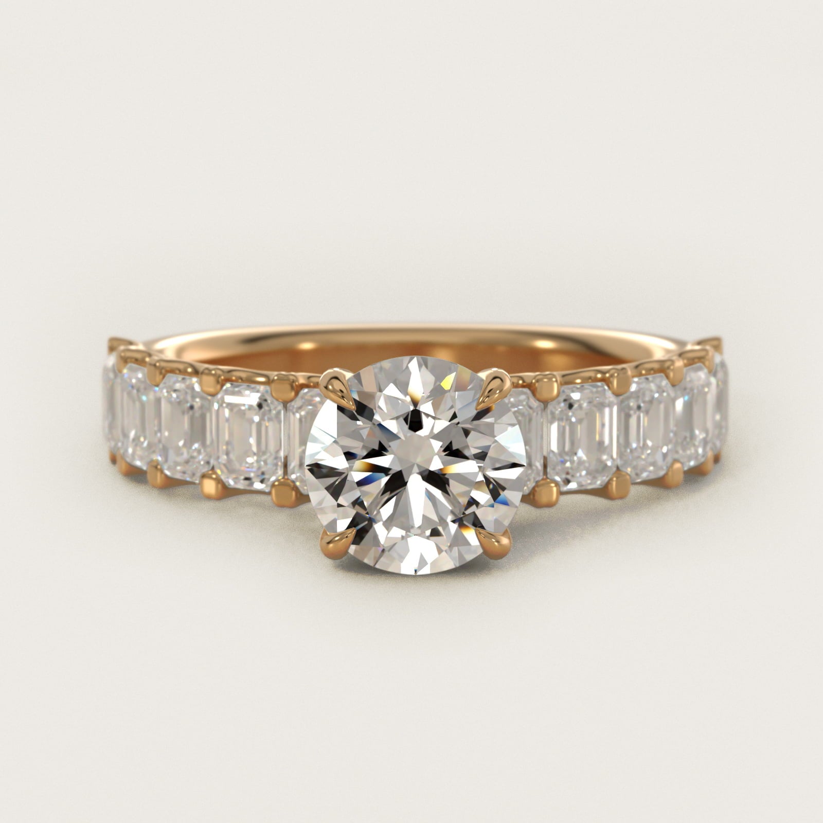 Emerald-Cut Diamond Engagement Ring in 14k Yellow Gold - Round Center