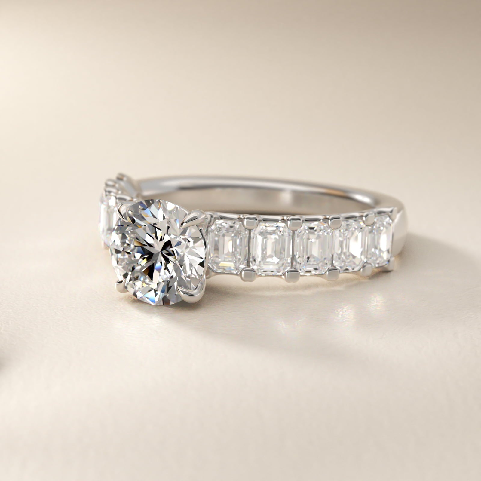 Emerald-Cut Diamond Engagement Ring in Platinum - Round Center