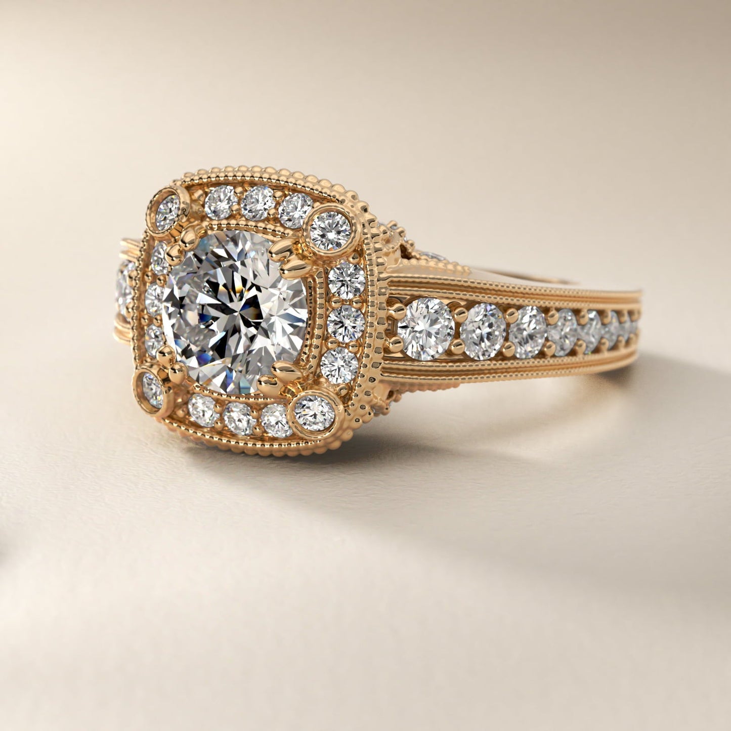 Empire Cushion Halo Engagement Ring in 18k Yellow Gold (1.25 ct. tw.) By Bella Vaughan - Round Center