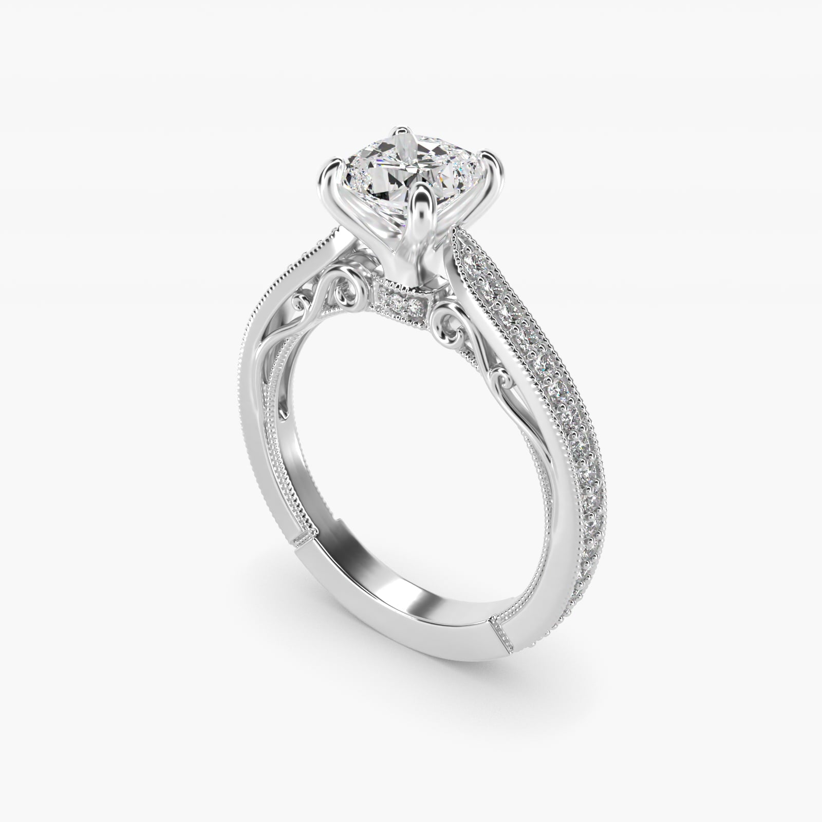 Enchanted Scroll Vintage-Style Engagement Ring In 18k White Gold By James Allen - Cushion Center