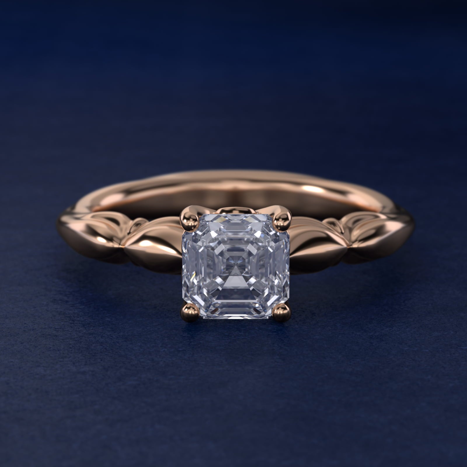 Engraved Solitaire Plus Diamond Engagement Ring in 18k Rose Gold - Asscher Center