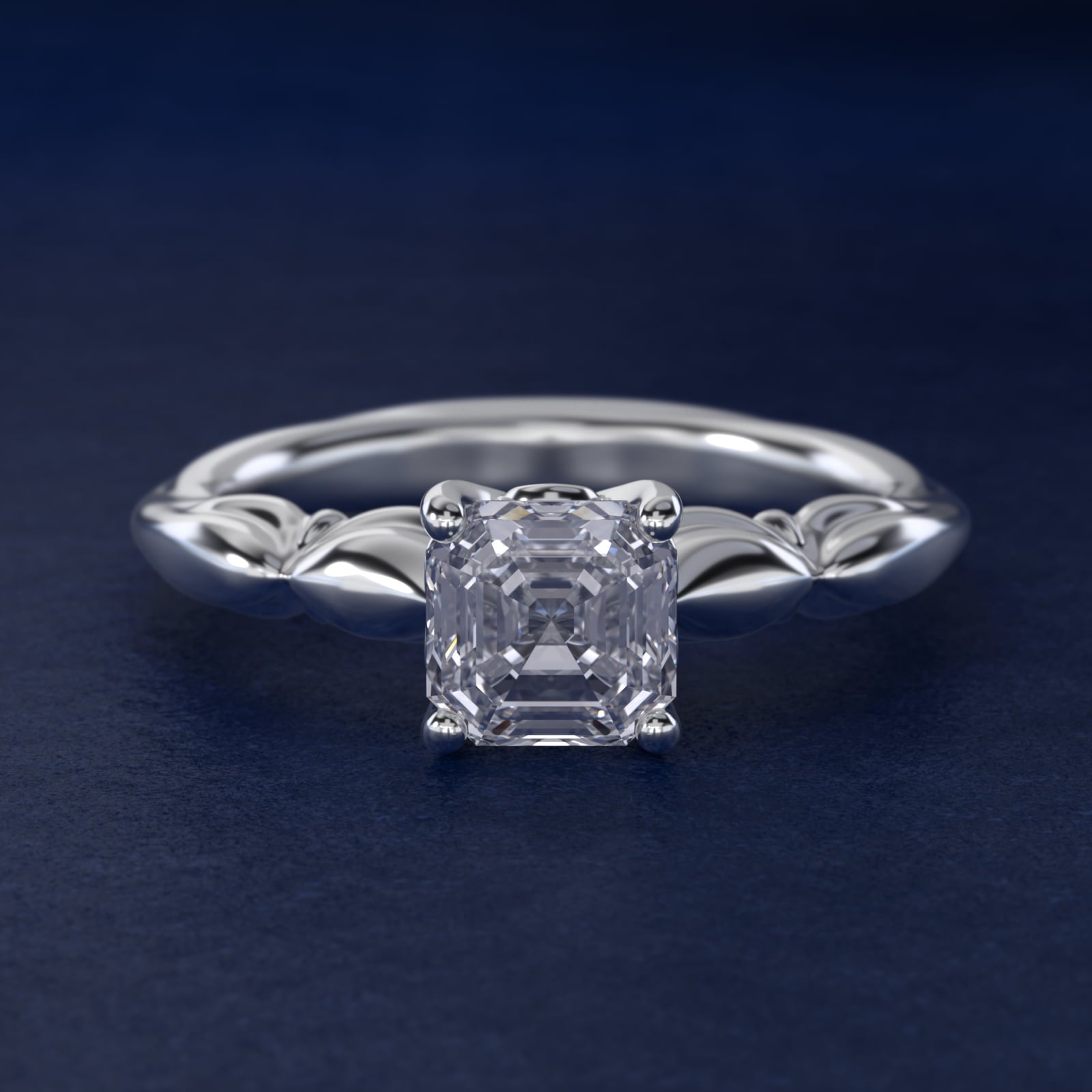 Engraved Solitaire Plus Diamond Engagement Ring in 18k White Gold - Asscher Center