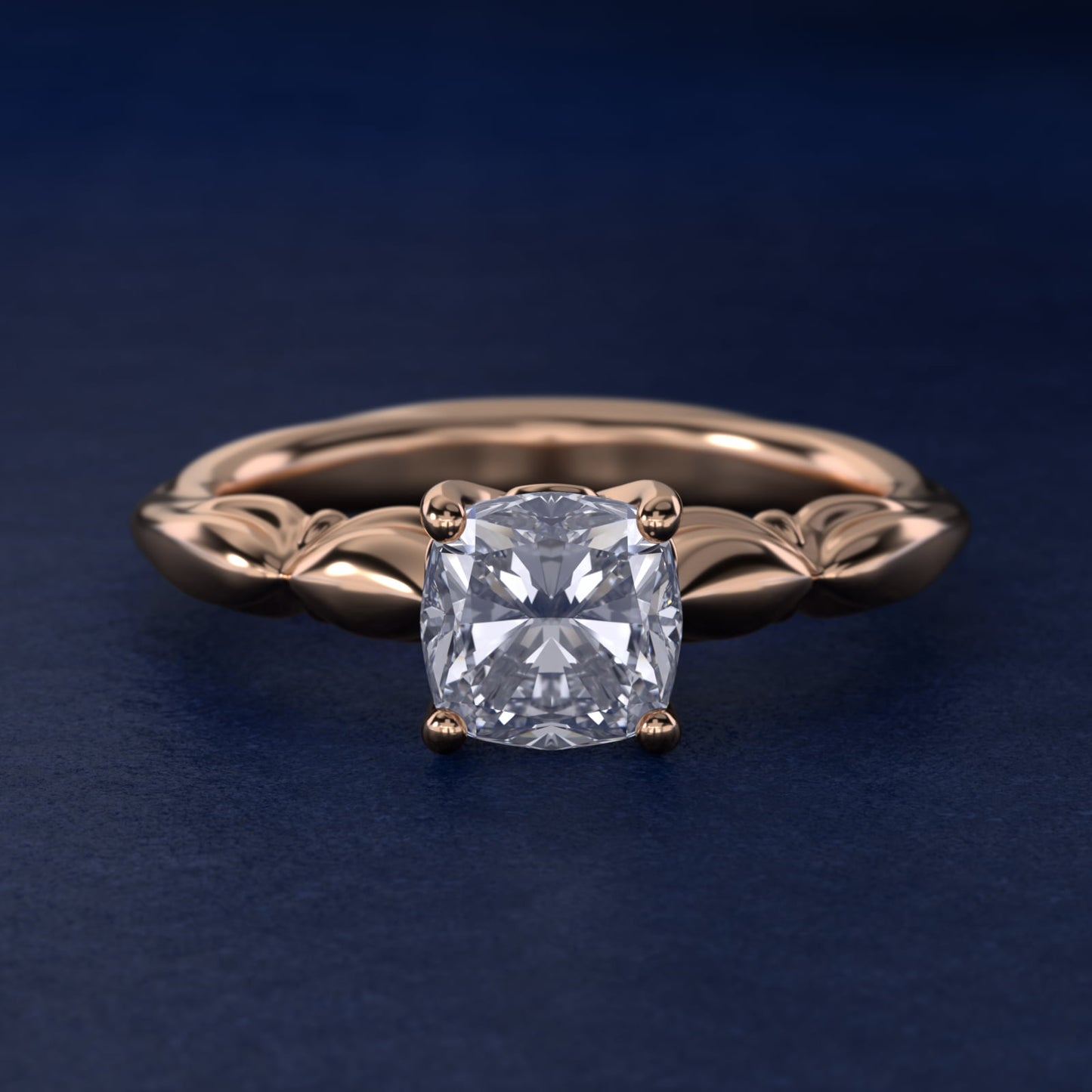 Engraved Solitaire Plus Diamond Engagement Ring in 18k Rose Gold - Cushion Center