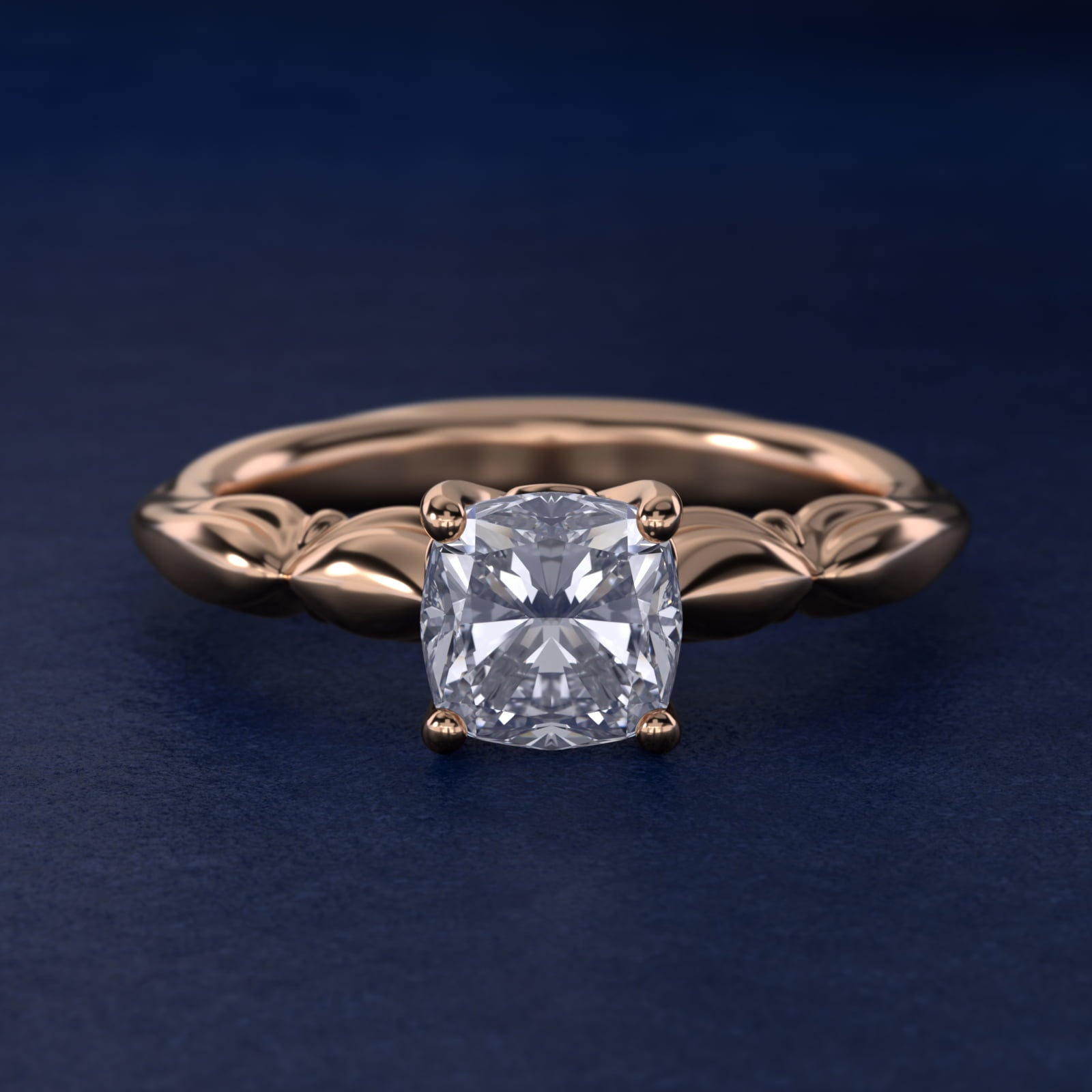 Engraved Solitaire Plus Diamond Engagement Ring in 18k Rose Gold - Cushion Center