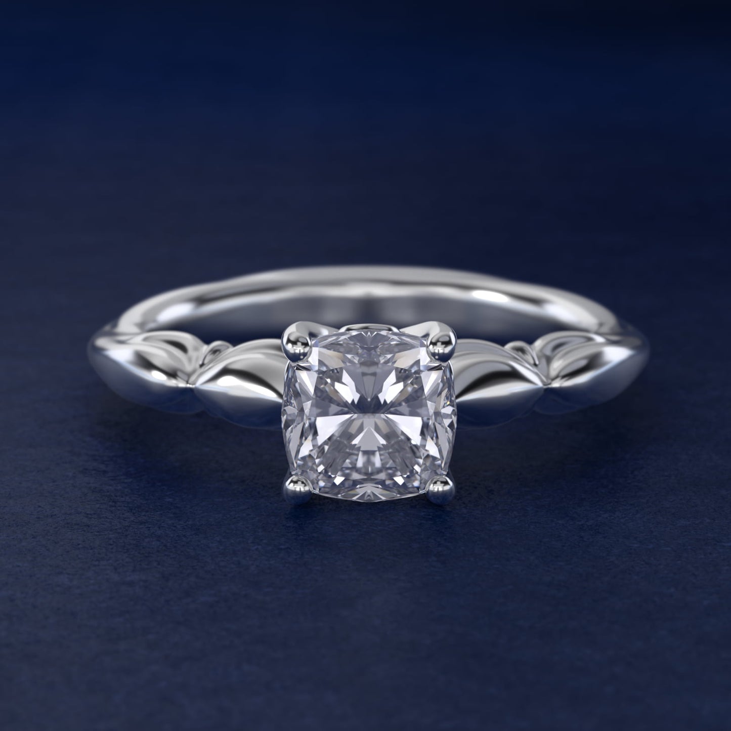 Engraved Solitaire Plus Diamond Engagement Ring in 18k White Gold - Cushion Center