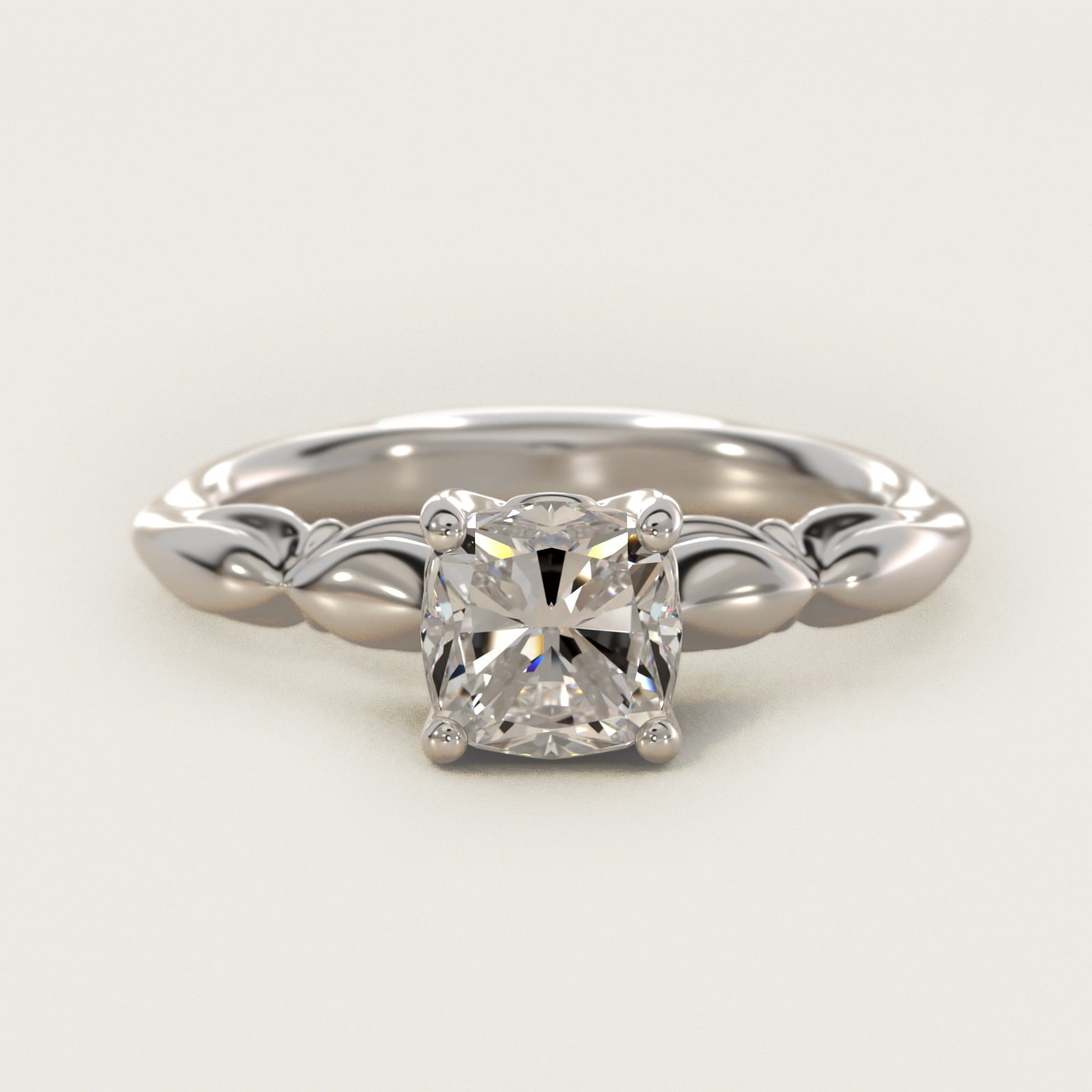 Engraved Solitaire Plus Diamond Engagement Ring in 14k White Gold - Cushion Center