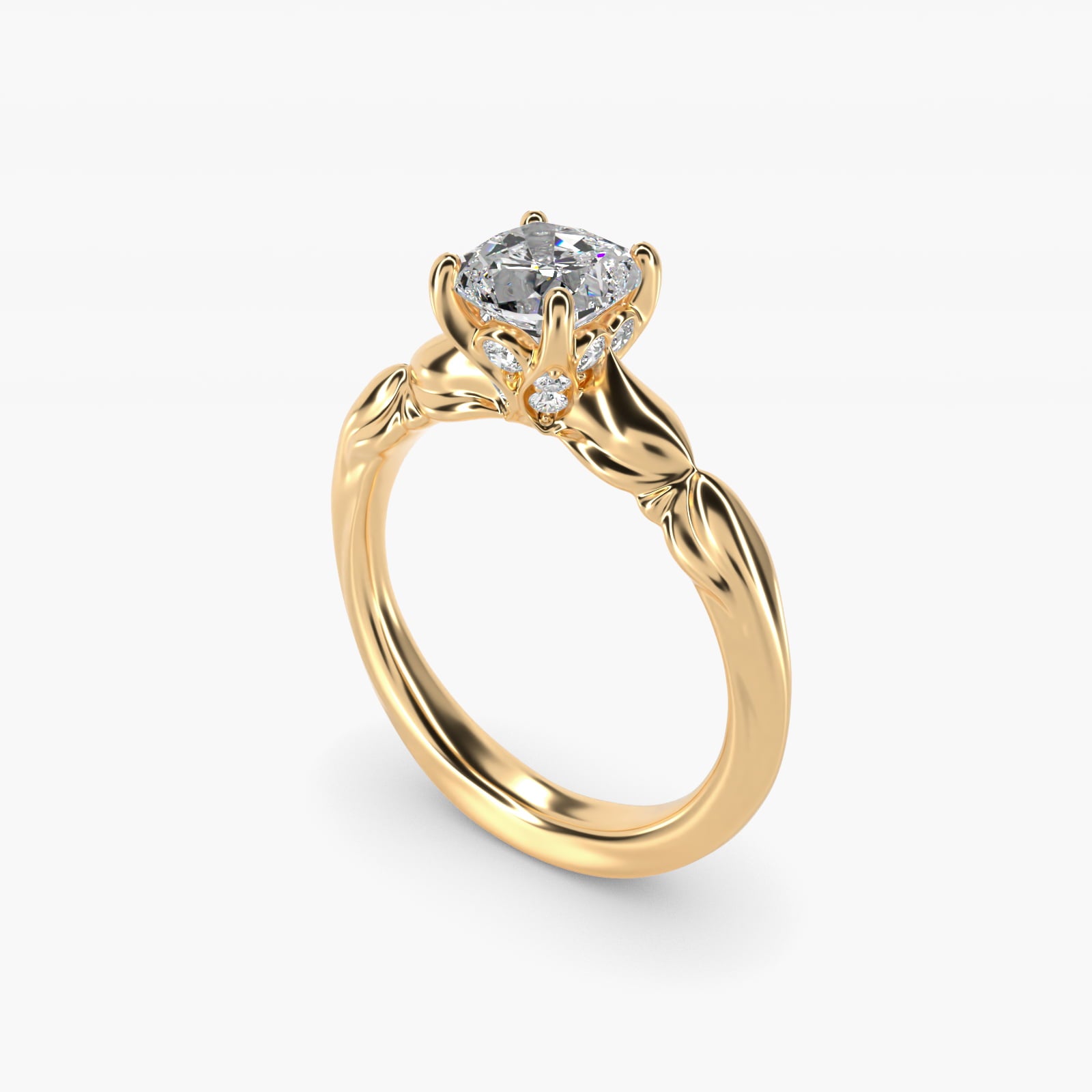 Engraved Solitaire Plus Diamond Engagement Ring in 14k Yellow Gold - Cushion Center