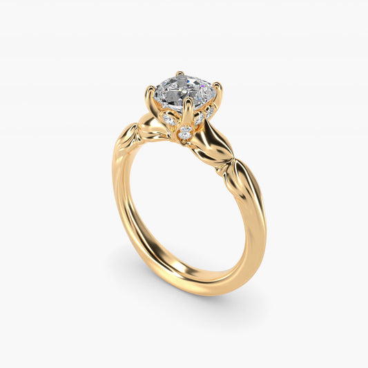 Engraved Solitaire Plus Diamond Engagement Ring in 14k Yellow Gold - Cushion Center