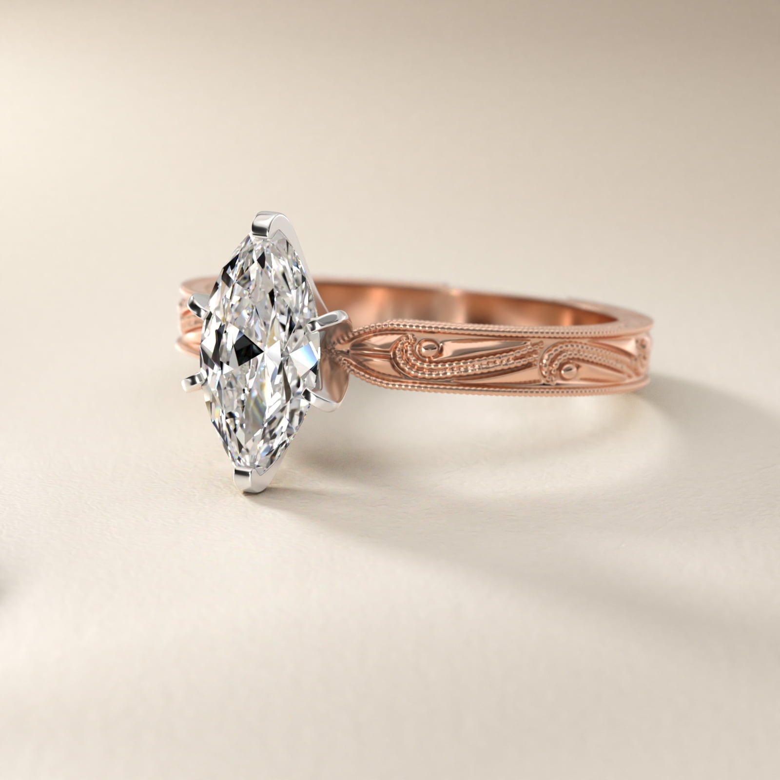 Engraved Solitaire Engagement Ring In 18k Rose Gold By James Allen - Marquise Center