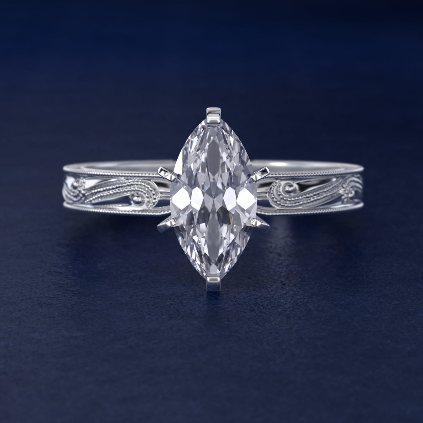 Engraved Solitaire Engagement Ring In 14K White Gold By James Allen - Marquise Center