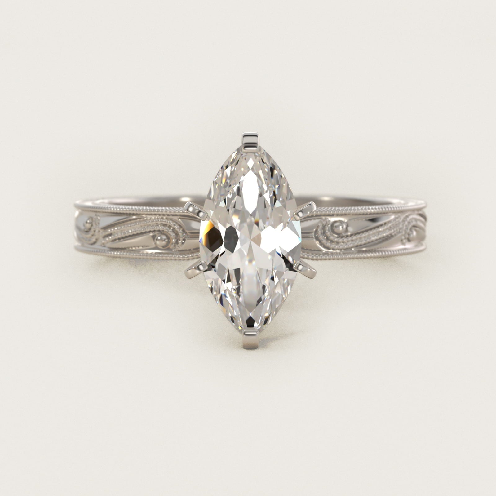 Engraved Solitaire Engagement Ring In 14K White Gold By James Allen - Marquise Center