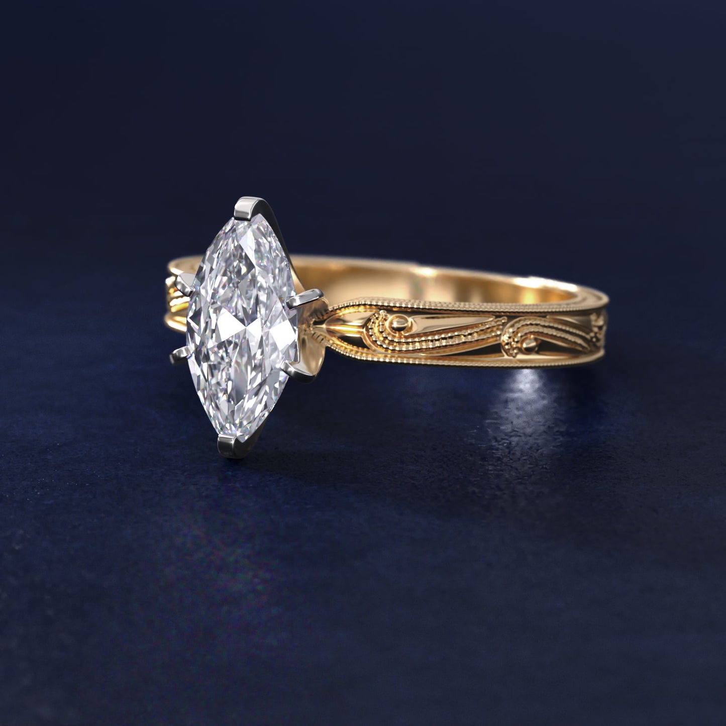 Engraved Solitaire Engagement Ring In 14K Yellow Gold By James Allen - Marquise Center