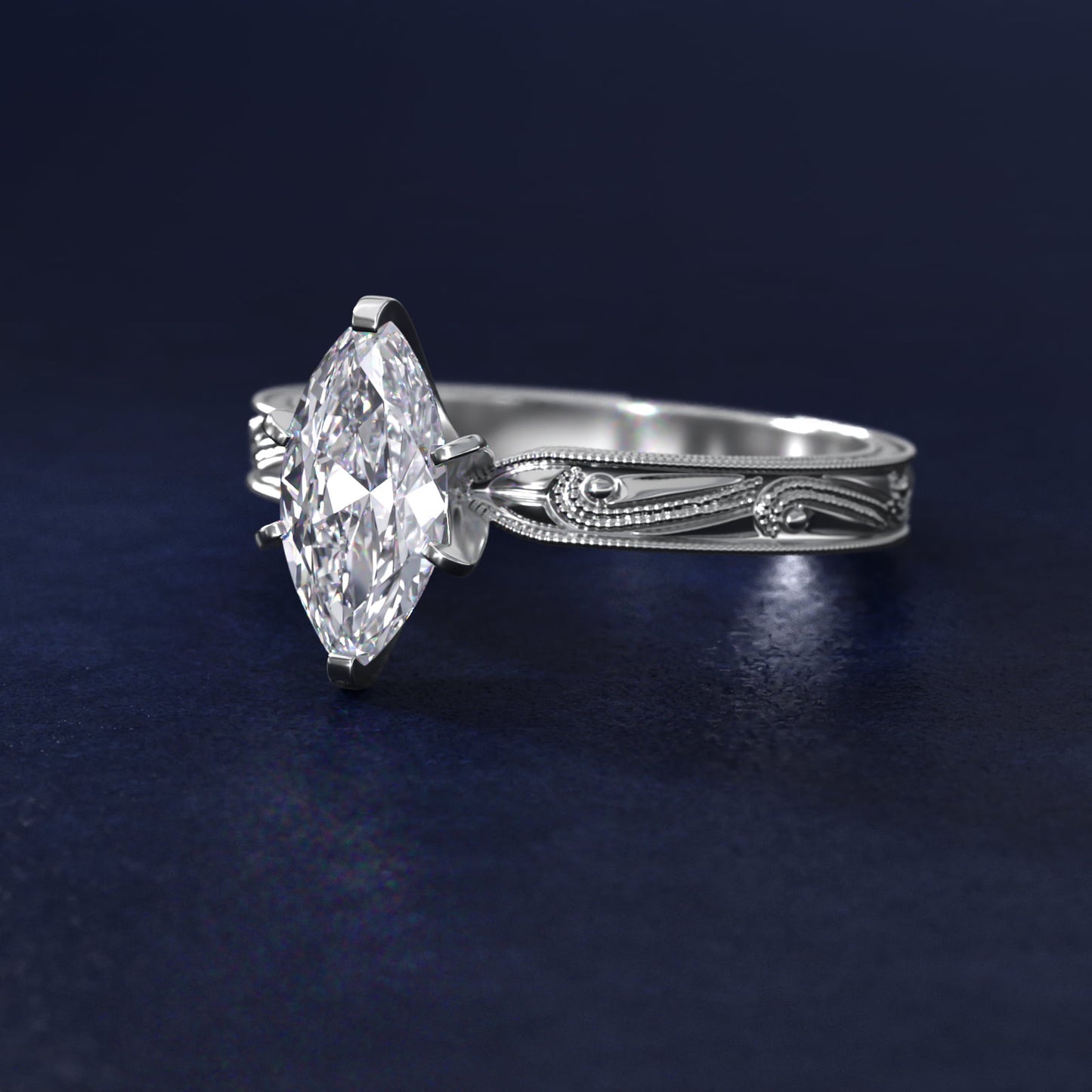 Engraved Solitaire Engagement Ring In Platinum By James Allen - Marquise Center
